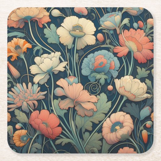 ネイビーブルーフローラ スクエアペーパーコースター (正面)
