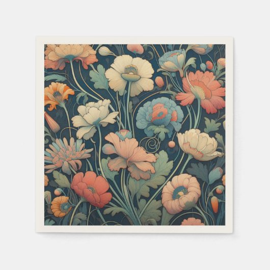 ネイビーブルーフローラ スタンダードカクテルナプキン (正面)