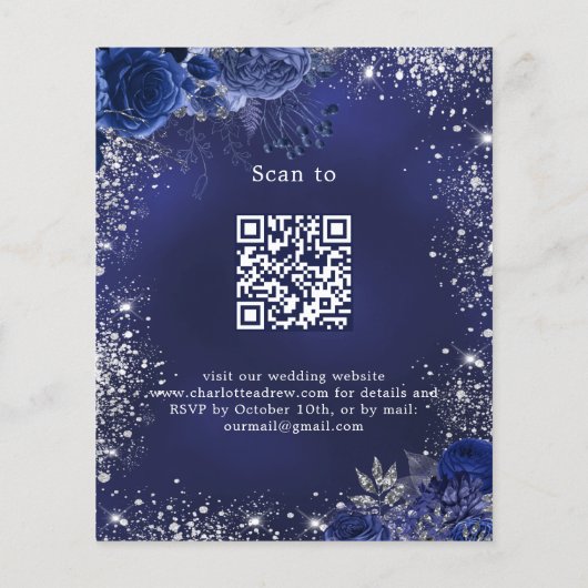 ネイビーブルーフローラQR RSVP予算結婚式招待状 (裏面)