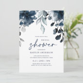 ネイビーブルーブライダルシャワーフローラ緑葉 招待状 (スタンド正面)