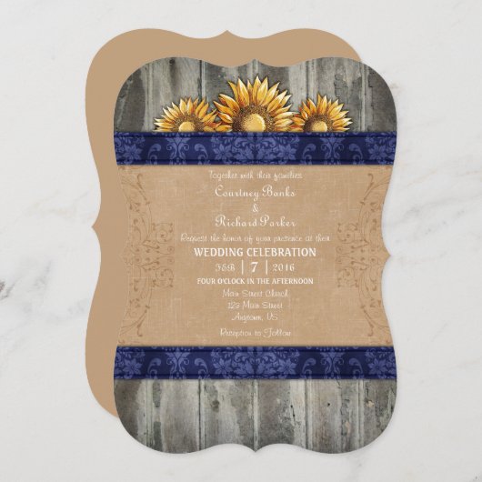 ネイビーブルーブラウンひまわり素朴の結婚式の招待 招待状 (正面/裏面)