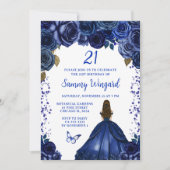 ネイビーブルーブラウンヘアプリンセス誕生日パーティー 招待状 (正面)