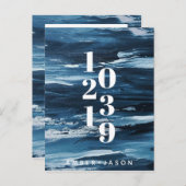 ネイビーブルーブラシストロークセーブ・ザ・デート案内 案内ポストカード (正面/裏面)