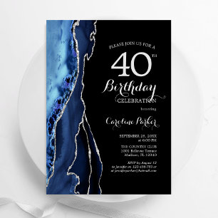 ネイビーブルーブラックシルバーアゲート40歳の誕生日 招待状