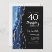 ネイビーブルーブラックシルバーアゲート40歳の誕生日 招待状 (正面)