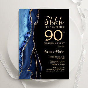 ネイビーブルーブラック金ゴールドアゲットサプライズ90誕生日 招待状