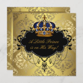 ネイビーブルーブラック金ゴールドプリンスベビーシャワー 招待状 (正面/裏面)