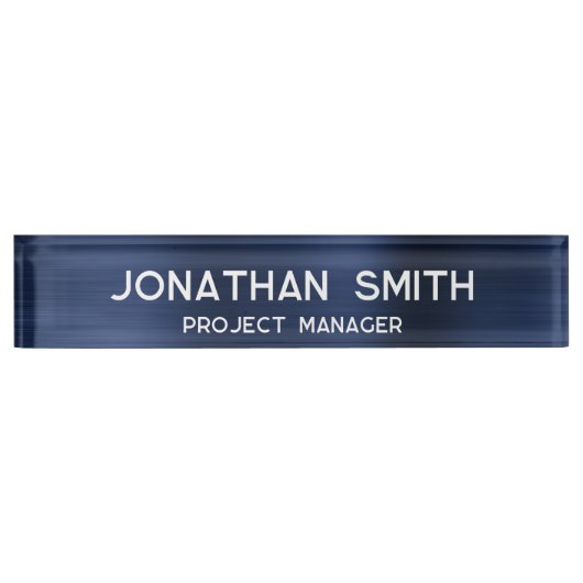 ネイビーブルーブラッシュドメタルミニマリスト名 デスクネームプレート (正面)