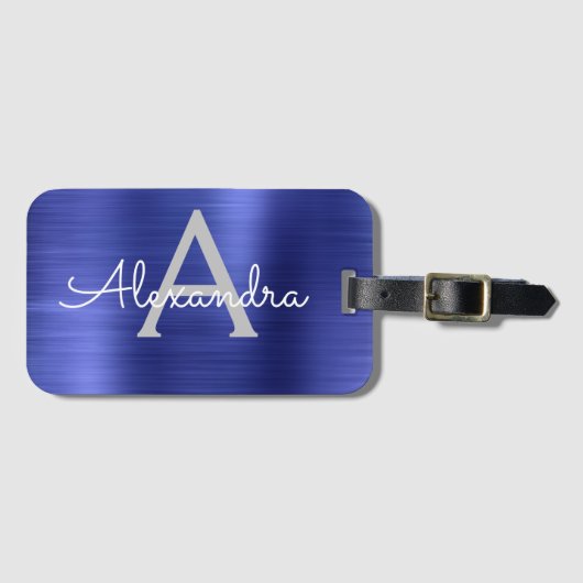 ネイビーブルーブラッシュドメタルモノグラムの名前とイニシャル ラゲッジタグ (正面横)
