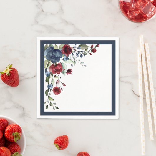 ネイビーブルーブルガンディウォーターカラーフローラブライダルシャワー スタンダードカクテルナプキン (インサイチュ)