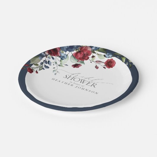 ネイビーブルーブルガンディウォーターカラーフローラブライダルシャワー ペーパープレート (アングル)