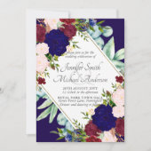 ネイビーブルーブルガンディピンクフローラ結婚式招待状 (正面)