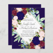 ネイビーブルーブルガンディピンクフローラ結婚式招待状 (正面/裏面)