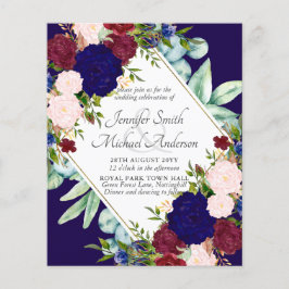 ネイビーブルーブルガンディピンクフローラ結婚式招待状