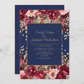 ネイビーブルーブルガンディピンクフローラ金ゴールドグリッター 招待状 (正面/裏面)