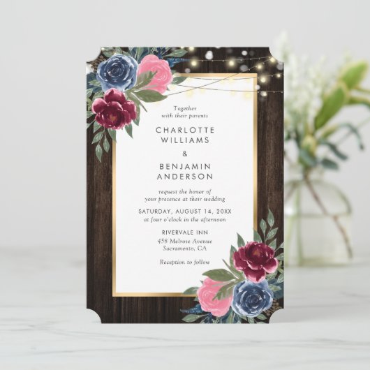 ネイビーブルーブルガンディピンク素朴金ゴールドウッドフローラ 招待状 (スタンド正面)