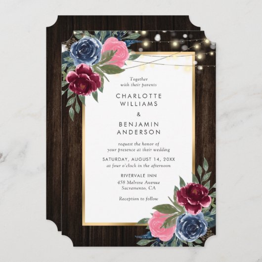 ネイビーブルーブルガンディピンク素朴金ゴールドウッドフローラ 招待状 (正面/裏面)