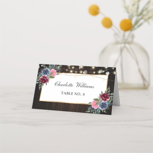 ネイビーブルーブルガンディピンク結婚フローラ座席表 プレイスカード (正面)