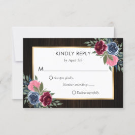 ネイビーブルーブルガンディピンク金ゴールド結婚フローラ 出欠カード