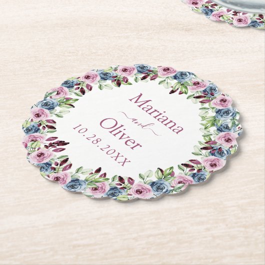 ネイビーブルーブルガンディワインウォーター色結婚フローラ ペーパーコースター (アングル)