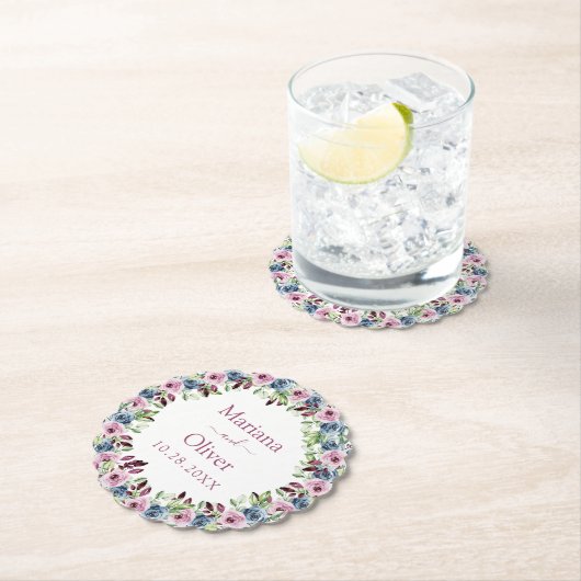 ネイビーブルーブルガンディワインウォーター色結婚フローラ ペーパーコースター (インサイチュ)