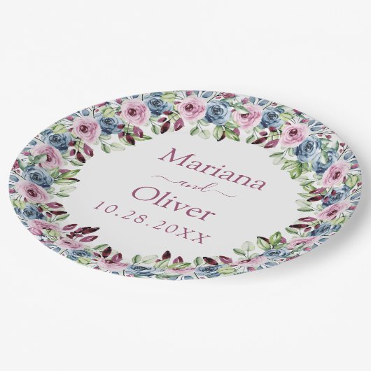 ネイビーブルーブルガンディワインウォーター色結婚フローラ ペーパープレート (アングル)