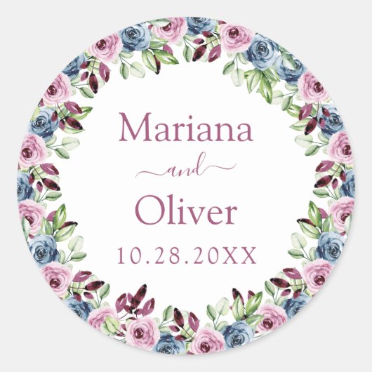 ネイビーブルーブルガンディワインウォーター色結婚フローラ ラウンドシール (正面)