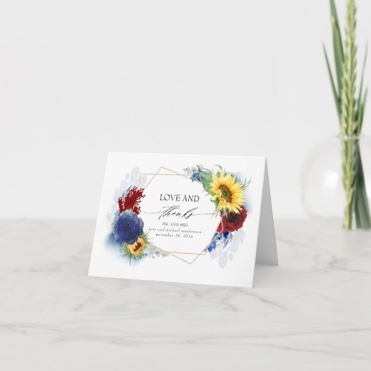 ネイビーブルーブルガンディーイエロー秋の結婚式サンキューサンキュー サンキューカード (正面)