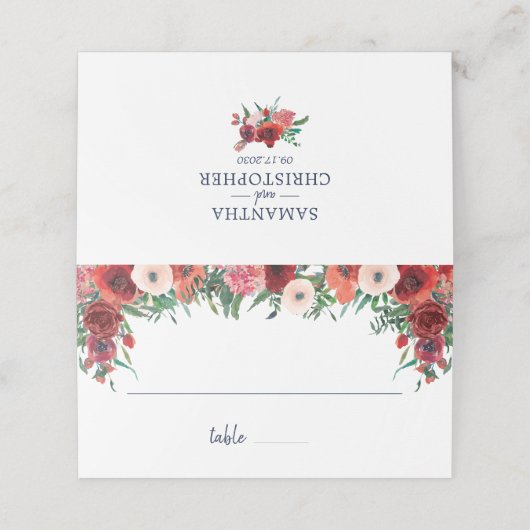 ネイビーブルーブルガンディーコーラルフローラウォーター結婚カラー プレイスカード (外部開封)