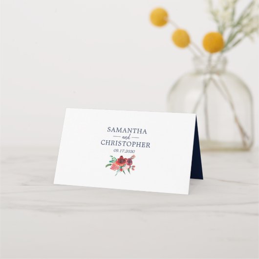 ネイビーブルーブルガンディーコーラルフローラウォーター結婚カラー プレイスカード (裏面)