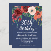 ネイビーブルーブルガンディーコーラルフローラスクリプト誕生日 招待状 (正面/裏面)