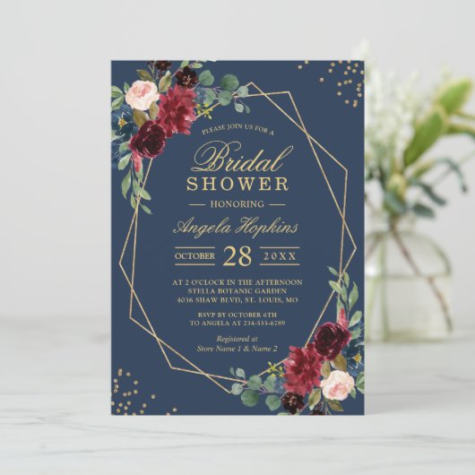 ネイビーブルーブルガンディーレッドフローラモダンブライダルシャワー 招待状 (スタンド正面)