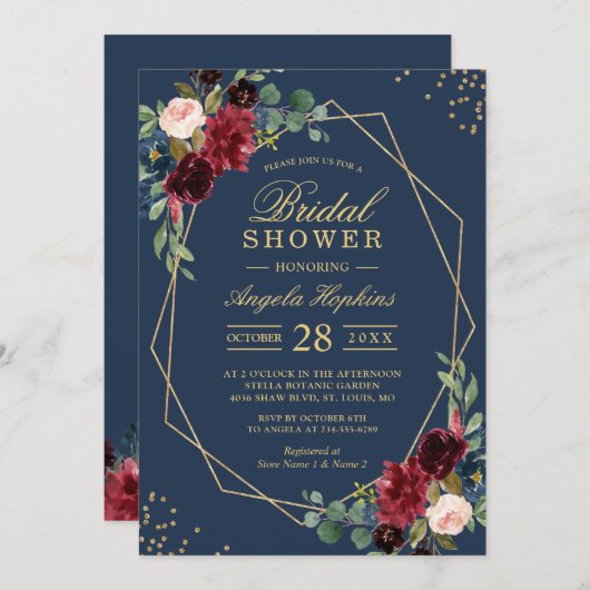 ネイビーブルーブルガンディーレッドフローラモダンブライダルシャワー 招待状 (正面/裏面)