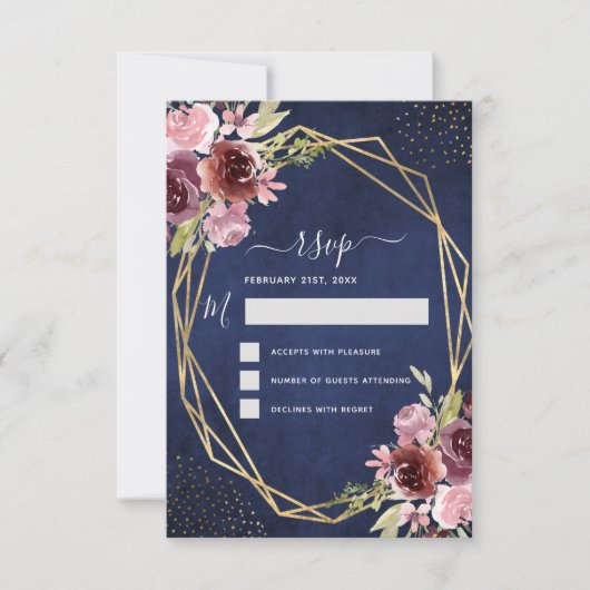 ネイビーブルーブルグンディエレガントウォーターカラーRSVP 招待状 (正面)