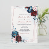 ネイビーブルーブルゴーニュとバラ結婚金ゴールドテンプレート 招待状 (スタンド正面)