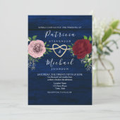 ネイビーブルーブルゴーニュとピンク素朴フローラ結婚ズ 招待状 (スタンド正面)