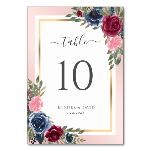 ネイビーブルーブルゴーニュと赤面フローラテーブル番号 テーブルナンバー (正面)