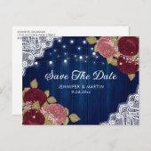 ネイビーブルーブルゴーニュと赤面結婚式の日付を保存 案内ポストカード (正面/裏面)