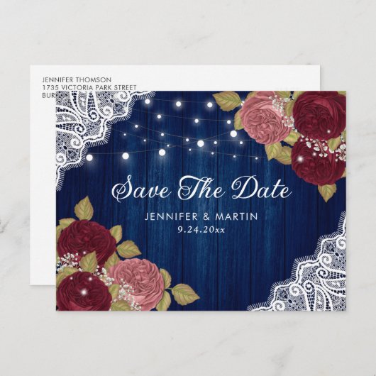 ネイビーブルーブルゴーニュと赤面結婚式の日付を保存 案内ポストカード (正面/裏面)
