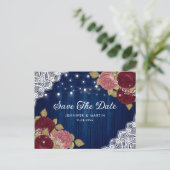 ネイビーブルーブルゴーニュと赤面結婚式の日付を保存 案内ポストカード (スタンド正面)