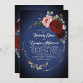 ネイビーブルーブルゴーニュと金ゴールドフローラボホ結婚ズ 招待状 (正面/裏面)