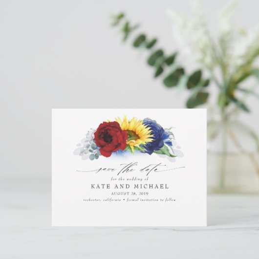 ネイビーブルーブルゴーニュひまわり黄色の保存日 ポストカード (スタンド正面)