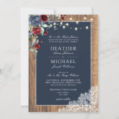 ネイビーブルーブルゴーニュウッドスクリプトレース結婚ズ 招待状 (正面)