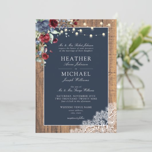 ネイビーブルーブルゴーニュウッドスクリプトレース結婚ズ 招待状 (スタンド正面)