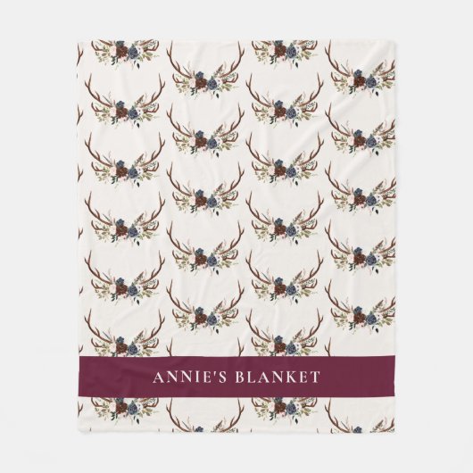 ネイビーブルーブルゴーニュエレガントフローラアエレガントントラー フリースブランケット (正面)