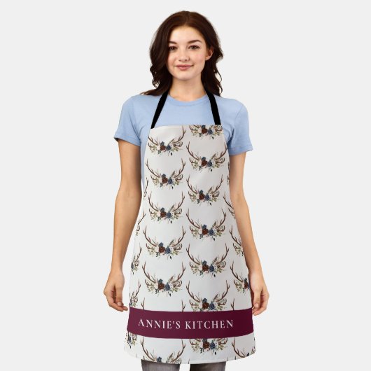 ネイビーブルーブルゴーニュエレガントフローラエレガント角 エプロン (着用した状態)