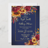 ネイビーブルーブルゴーニュバラサンフラワーウェディング招待 招待状 (正面)