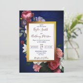 ネイビーブルーブルゴーニュバラフローラ結婚式の招待 招待状 (スタンド正面)