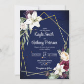 ネイビーブルーブルゴーニュバラホワイトリリー結婚式の招待 招待状 (正面)