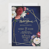 ネイビーブルーブルゴーニュバラ幾何学ブライダルシャワー 招待状 (正面)